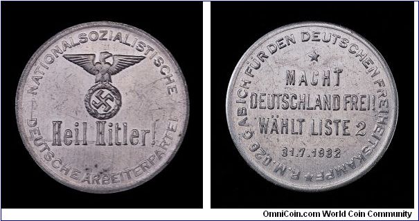 NSDAP Election Token from the July 1932 national elections. Aluminum donation token.