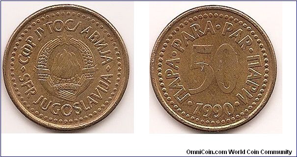 50 Para -Socialist Federal Republic-
KM#141
Copper-Zinc, 22 mm Obv: State emblem Rev: Denomination