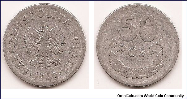 50 Groszy
Y#44a
1.6000 g., Aluminum, 23 mm. Obv: Eagle with wings open Rev: Value above sprig Edge: Reeded