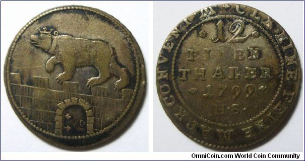 German States - Anhalt-Bernburg, Alexius Friedrich Christian (1796 - 1834), 1/12 Thaler, 1799 HS (One Year Type). Billon. Obverse: Crowned bear walking left on wall. Reverse: Value and date within inner circle. VF.