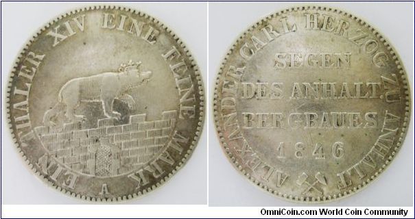 German States - Anhalt-Bernburg, Alexender Carl (1834 - 1864), Thaler, 1846A. 22.2700 g, 0.7500 Silver, .5370 Oz. ASW. Mintage: 10,000 units. Good VF to About XF.