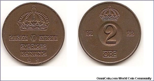 2 Ore
KM#821
Bronze, 21 mm. Ruler: Gustaf VI Obv: Crown above inscription Rev: Value within circle divides date below crown Edge: Plain Note: Varieties exist.