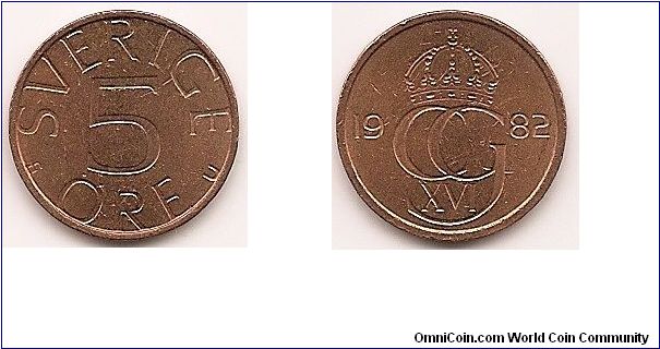 5 Ore
KM#849a
Copper-Zinc, 18 mm. Ruler: Carl XVI Gustaf Obv: Value Rev: Crowned monogram divides date