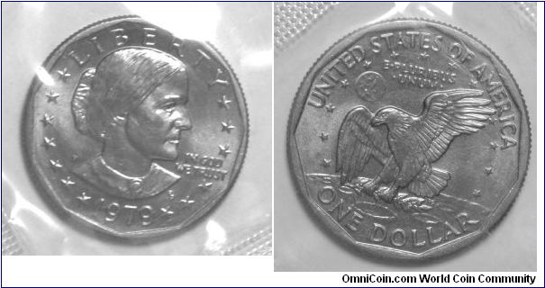 SUSAN B. ANTHONY DOLLAR. 1979P-Mintmark: P (for Philadelphia, PA) on the left side of the obverse, just above Anthony's shoulder
