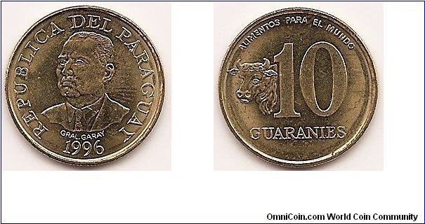 10 Guaranies
KM#178
2.6900 g., Nickel-Bronze, 19.34 mm. Series: F.A.O. Obv: Bust 1/4 left Rev: Cow head left and value Edge: Reeded
