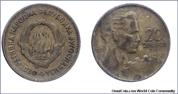 SFR Yugoslavia, 20 dinara, 1955, Al-Bronze, Man.                                                                                                                                                                                                                                                                                                                                                                                                                                                                    