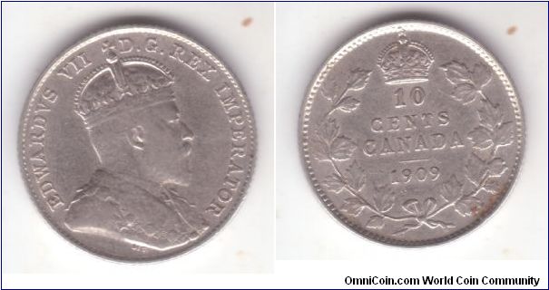 KM-10, 1909 10 cents, broad leaf variety; about very fine.