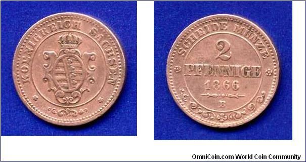 2 pfennige.
Kingdom of Saxony.
Johann (1854-1873).


Cu.