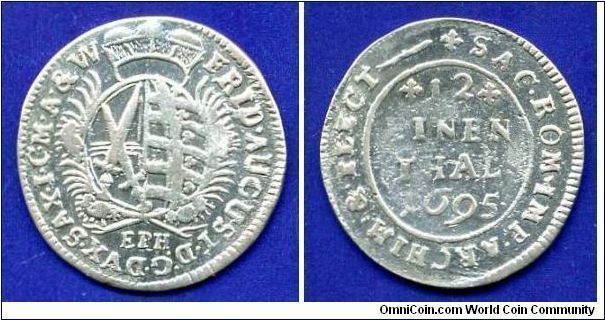 1/12 Thaler (Doppelgroschen).
Duchy of Saxony.
Friedrich August I der Strake (Strong), King of Poland - August II Mocny (1694-1733).
'EPH'- Legnitz mint, Ernst Peter Hecht, mintmaster 1693-1714.


Ag.
