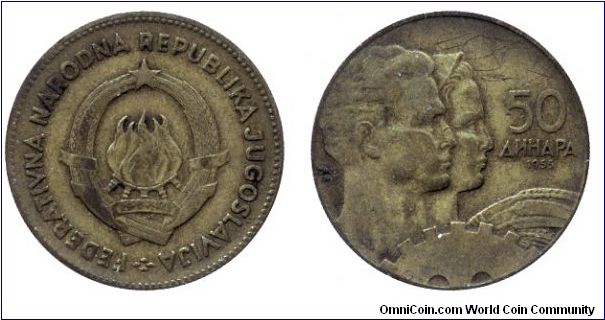 FNR Yugoslavia, 50 dinara, 1955, Al-Bronze, Man and Woman.                                                                                                                                                                                                                                                                                                                                                                                                                                                          