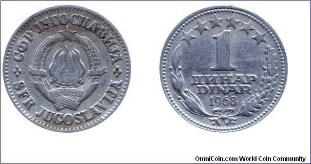 SFR Yugoslavia, 1 dinar, 1968, Cu-Ni.                                                                                                                                                                                                                                                                                                                                                                                                                                                                               