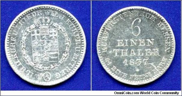 1/6 Thaler.
Hessen-Cassel.
Wilhelm II (1821-1847).
Mintage 624,000 units.


Ag500f. 5,32gr.