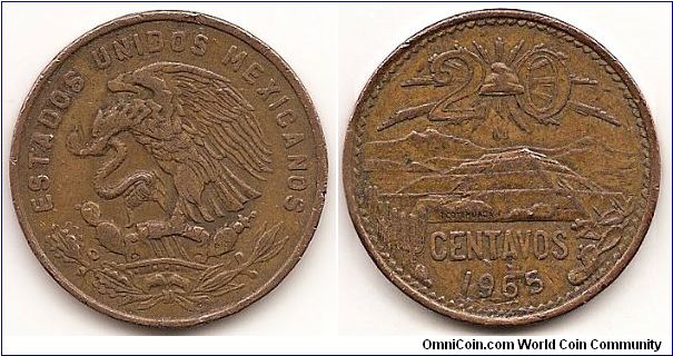 20 Centavos
KM#440
10.0000 g., Bronze, 28.5 mm. Obv: National arms, eagle left Rev: Liberty cap divides value above Pyramid of the Sun at Teotihuacán, volcanos Ixtaccihuatl and Popocatepet in background Edge: Plain