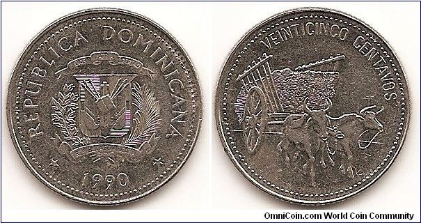 25 Centavos
KM#71.2
Nickel Clad Steel, 24 mm. Subject: Native Culture Obv: National arms, date below Rev: Two oxen pulling cart, denomination above Edge: Coarse reeding Note: Obverse and reverse legends and designs in beaded circle. Varieties exist.