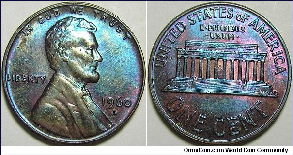 1960D Lincoln, One Cent, Small Date, Extreme Toning