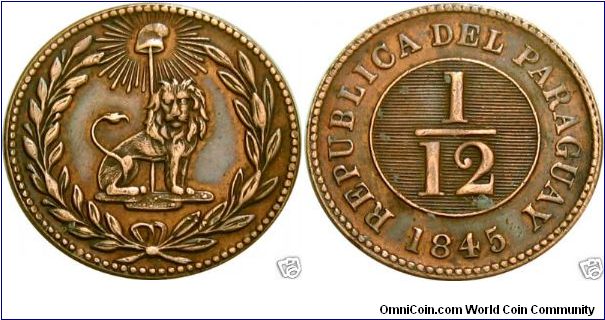 1/12 Real, copper.  Paraguay's first coin.