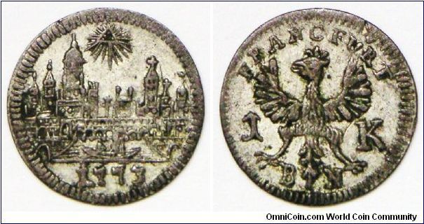 German States - Frankfurt am Main, Free City, Kreuzer, 1773BN. 0.6350 g, Billon, 13.8mm. Observe: City View. In English, this city's name translate as 'Frankfurt on the Main'. A large early tribe in the area was the Franks and in German 'Furt' means a river crossing. Thus, in medieval times, 'Frankfurt' meant the Franks' river crossing. Reverse: Crowned eagle and value. VF+.