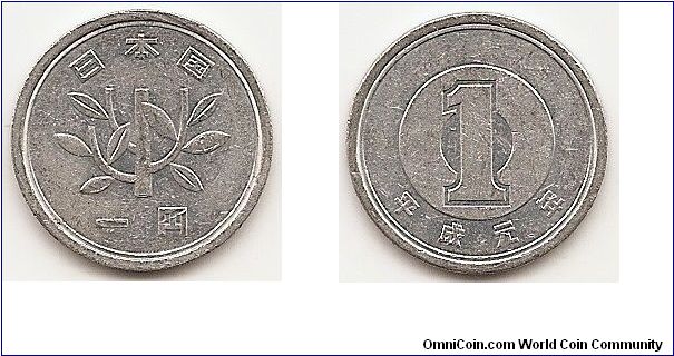 1 Yen -Yr.1-
Y#95.1
1.0000 g., Aluminum, 20 mm. Ruler: Akihito (Heisei) Obv: Sprouting branch in center, authority on top, value and denomination on bottom Rev: Numeral 1 within two circles, date on bottom