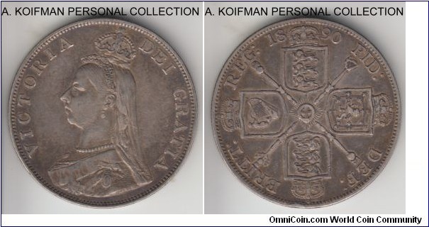KM-763, 1890 Great Britain double florin (4 shillings); silver, reeded edge; last year of the short lived series, scarcer than earlier years, good very fine with a small rim bump on reverse, nice, natural patina.