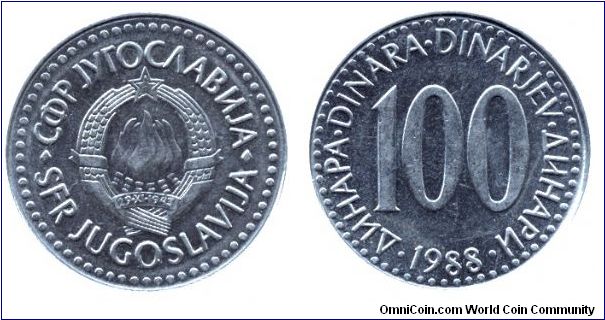 SFR Yugoslavia, 100 dinara, 1988, Cu-Zn-Ni.                                                                                                                                                                                                                                                                                                                                                                                                                                                                         