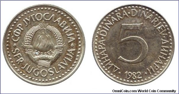 SFR Yugoslavia, 5 dinara, 1982, Ni-Brass.                                                                                                                                                                                                                                                                                                                                                                                                                                                                           