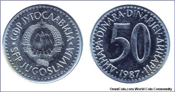 SFR Yugoslavia, 50 dinara, 1987, Cu-Zn-Ni.                                                                                                                                                                                                                                                                                                                                                                                                                                                                          