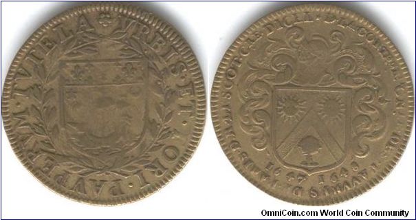 copper jeton issued for R. lescot, Receiver General for the City of Paris 1647-1648.
