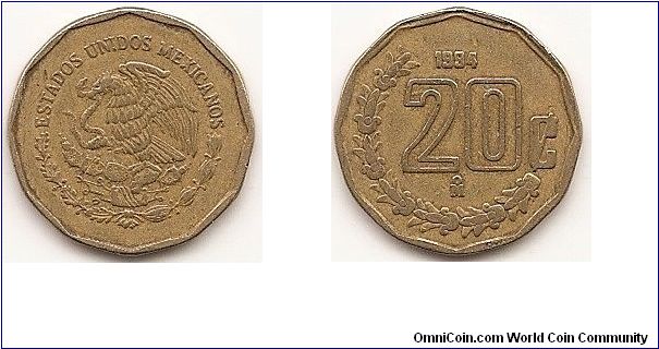 20 Centavos
KM#548
Aluminum-Bronze, 19 mm. Obv: National arms, eagle left Rev: Value and date within 3/4 wreath