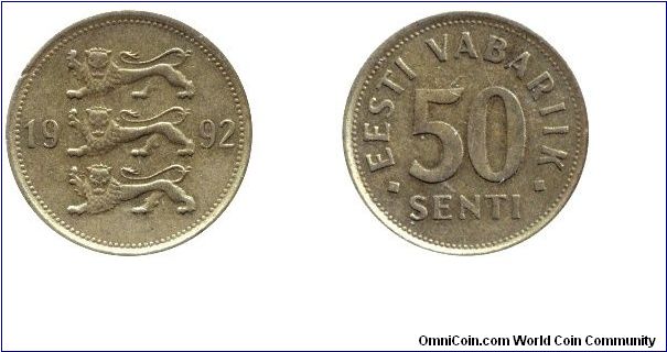 Estonia, 50 senti, 1992, Brass, three lions, Eesti Vabariik.                                                                                                                                                                                                                                                                                                                                                                                                                                                        