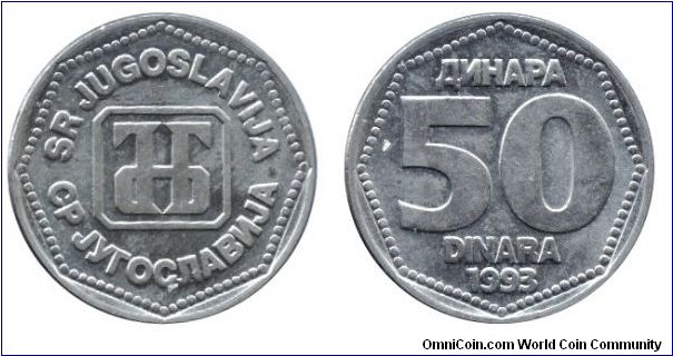 SR Yugoslavia, 50 dinara, 1993, Cu-Ni-Zn.                                                                                                                                                                                                                                                                                                                                                                                                                                                                           