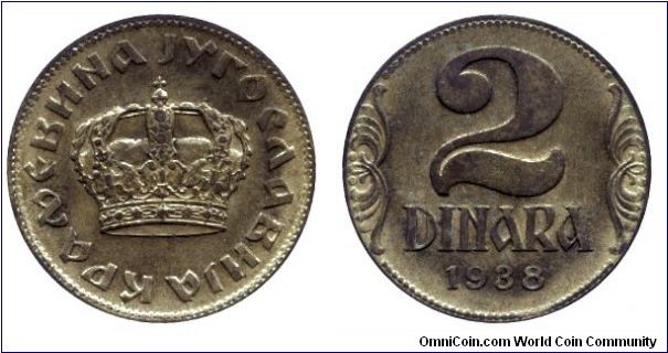 Kingdom of Yugoslavia, 2 dinara, 1938, Al-Bronze, crown.                                                                                                                                                                                                                                                                                                                                                                                                                                                            