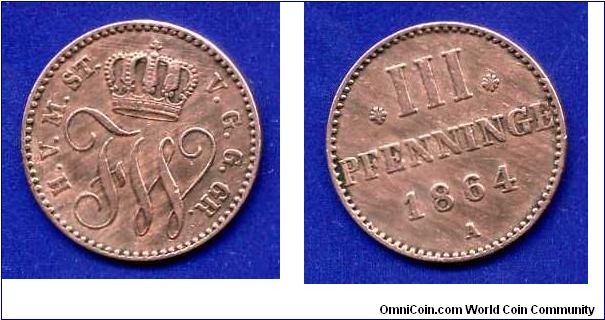 3 pfenninge.
Meklenburg-Strelitz.
Friedrich Wilhelm (1860-1904).


Ag.