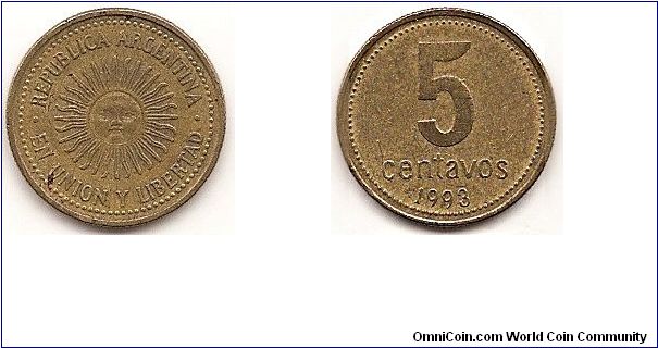 5 Centavos
KM#109
Brass Obv: Radiant sunface Rev: Large value, date below Note: Prev. KM#84.