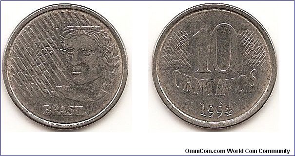 10 Centavos
KM#633
Stainless Steel, 22 mm. Obv: Laureate liberty head, left, lined background Rev: Denomiation above date Edge: Plain