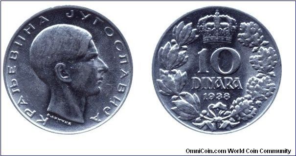 Kingdom of Yugoslavia, 10 dinara, 1938, Ni, King Peter II.                                                                                                                                                                                                                                                                                                                                                                                                                                                          