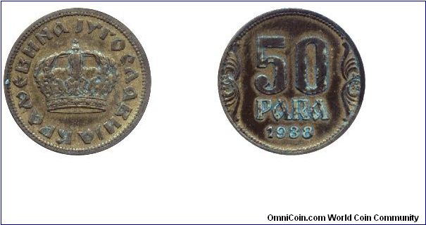 Kingdom of Yugoslavia, 50 para, 1938, Al-Bronze, crown.                                                                                                                                                                                                                                                                                                                                                                                                                                                             