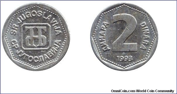 SR Yugoslavia, 2 dinara, 1993, Cu-Zn-Ni.                                                                                                                                                                                                                                                                                                                                                                                                                                                                            