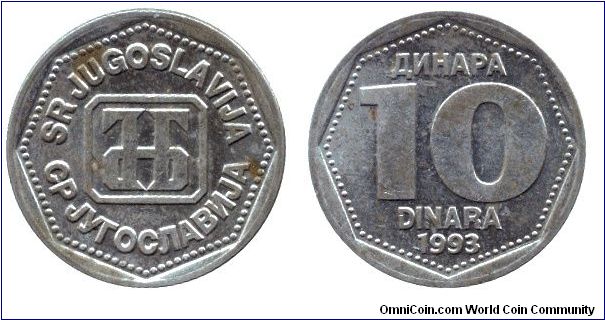 SR Yugoslavia, 10 dinara, 1993, Cu-Zn-Ni.                                                                                                                                                                                                                                                                                                                                                                                                                                                                           