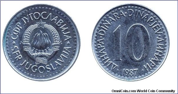 SFR Yugoslavia, 10 dinara, 1987, Cu-Ni.                                                                                                                                                                                                                                                                                                                                                                                                                                                                             