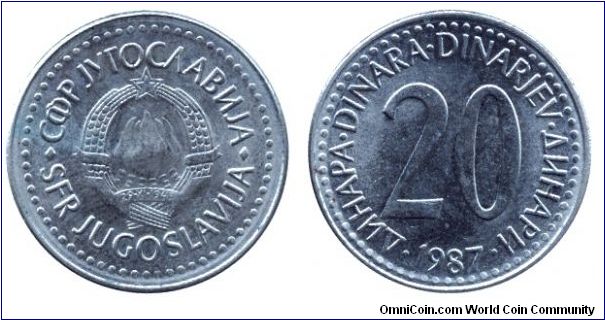 SFR Yugoslavia, 20 dinara, 1987, Cu-Zn-Ni.                                                                                                                                                                                                                                                                                                                                                                                                                                                                          