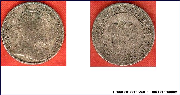 Straits Settlements
10 cents
Edward VII king and emperor
0.600 silver
very worn