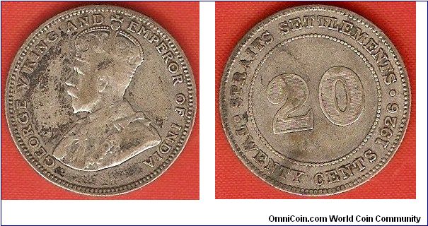 Straits Settlements
20 cents
George V king and emperor
plain field below bust
0.600 silver