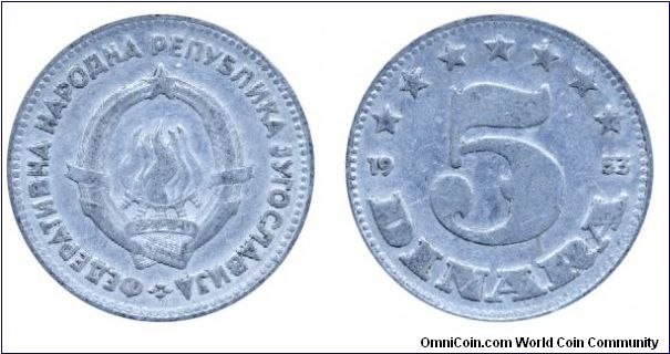 FNR Yugoslavia, 5 dinara, 1953, Al.                                                                                                                                                                                                                                                                                                                                                                                                                                                                                 
