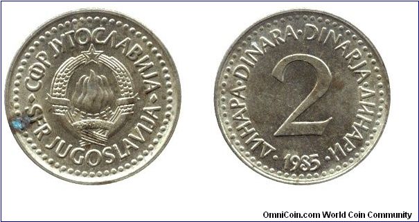 SFR Yugoslavia, 2 dinara, 1985, Ni-Brass.                                                                                                                                                                                                                                                                                                                                                                                                                                                                           