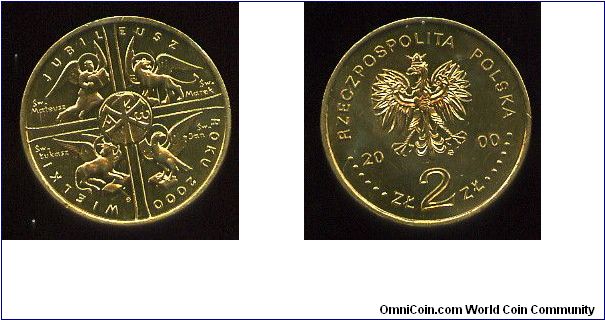 2zl
Great Jubilee
Cross, in the center, Greek letters: X (chi) & P (rho) Christian monogram, A (alfa) and ? (omega) early symbol of Christ. Between the cross's arms, symbols of Evangelists: a man + inscription, St. Matthew, a lion + St. Mark, a bull + St. Luke, and an eagle + St. John. on the rim, an inscription the Great Jubilee of the Year 2000
Eagle, value & date