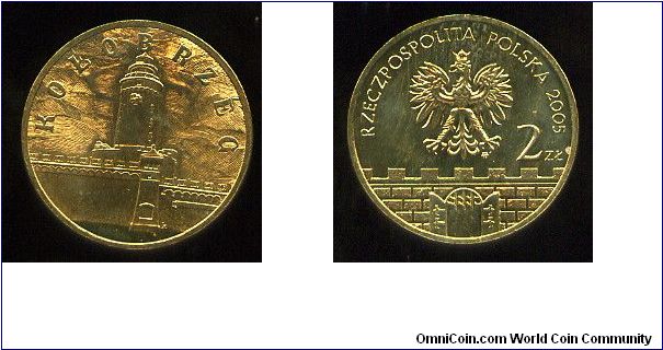 2zl
Historical Cities in Poland
Kolobrzeg lighthouse
Lighthouse above city battlements
Eagle above battlements & gateway, value & date