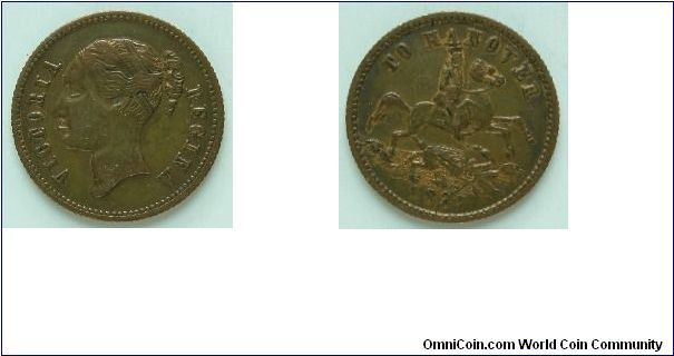 Jeton or token, know as a Cumberland Jack. Similar in size to a gold sovereign, it has a portrait of Queen Victoria on the obverse. The reverse is a parody of St. George killing the dragon, but is said to actually represent the unpopular Duke of Cumberland who acceded to the throne of Hanover when Victoria could not do so, as it was male succession only. Hence the legend To Hanover, and Victoria's accession date 1837.  made of brass