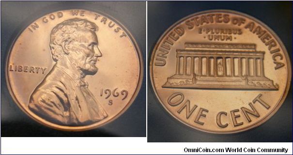 Lincoln One Cent.
Metal content:
Copper - 95%
Tin and Zinc - 5%.
 1969-S PROOF SET.Mintmark: S (for San Francisco, CA) below the date