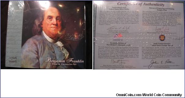 Benjamin Franklin coin and chronicles set. It has an uncirculated scientist commemorative coin.