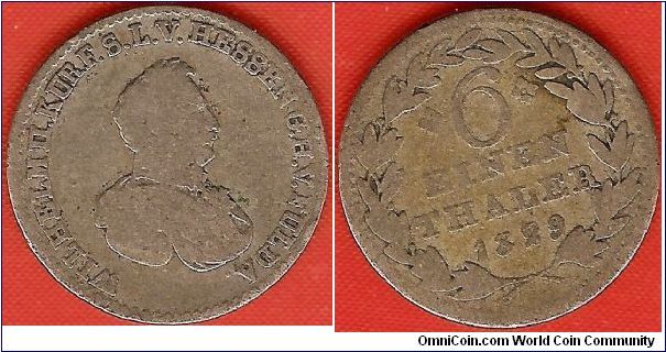 Electorate of Hesse-Cassel
1/6 thaler
Wilhelm II elector of Hessen, grand duke of Fulda
0.500 silver
mintage 590,000